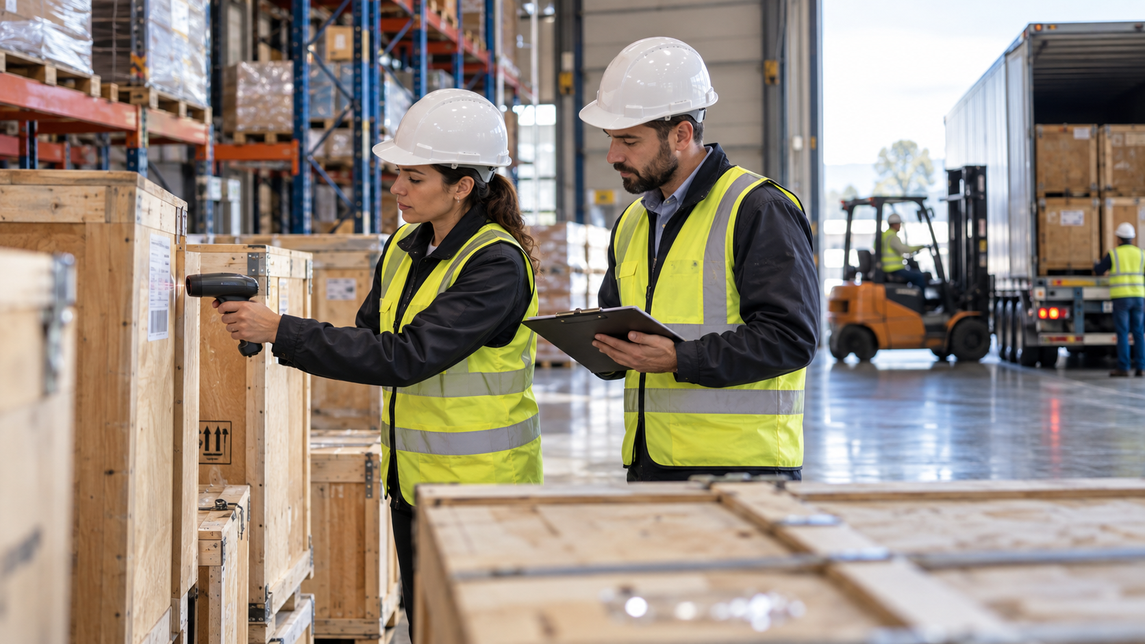 Logistics professionals checking export crates and documentary records