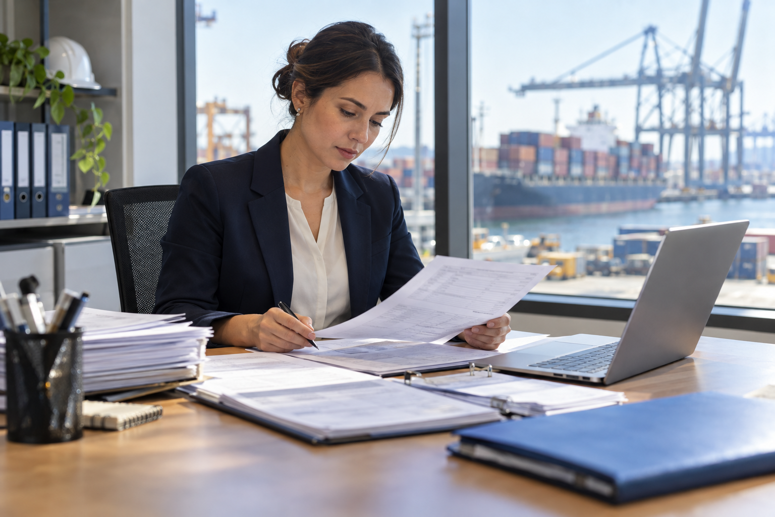 Trade documentation specialist reviewing shipment records