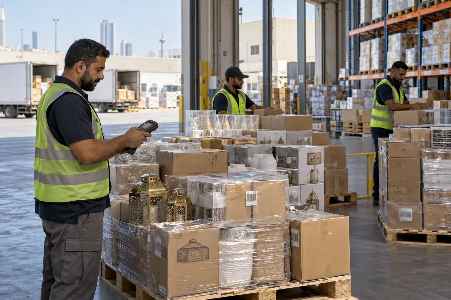 Illustrative scene related to inbound supply, seasonal assortment allocation, landed cost and retail launch across 16 stores and online.