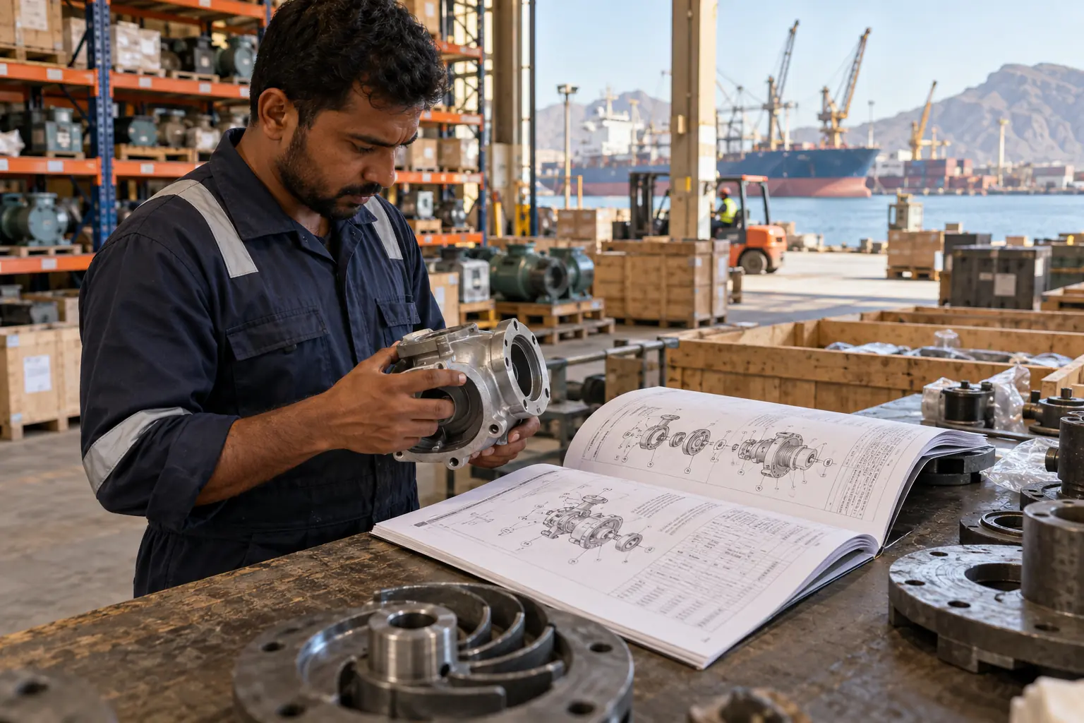 Illustrative scene related to spare-parts network design, demand forecasting, regional inventory and re-export coordination.
