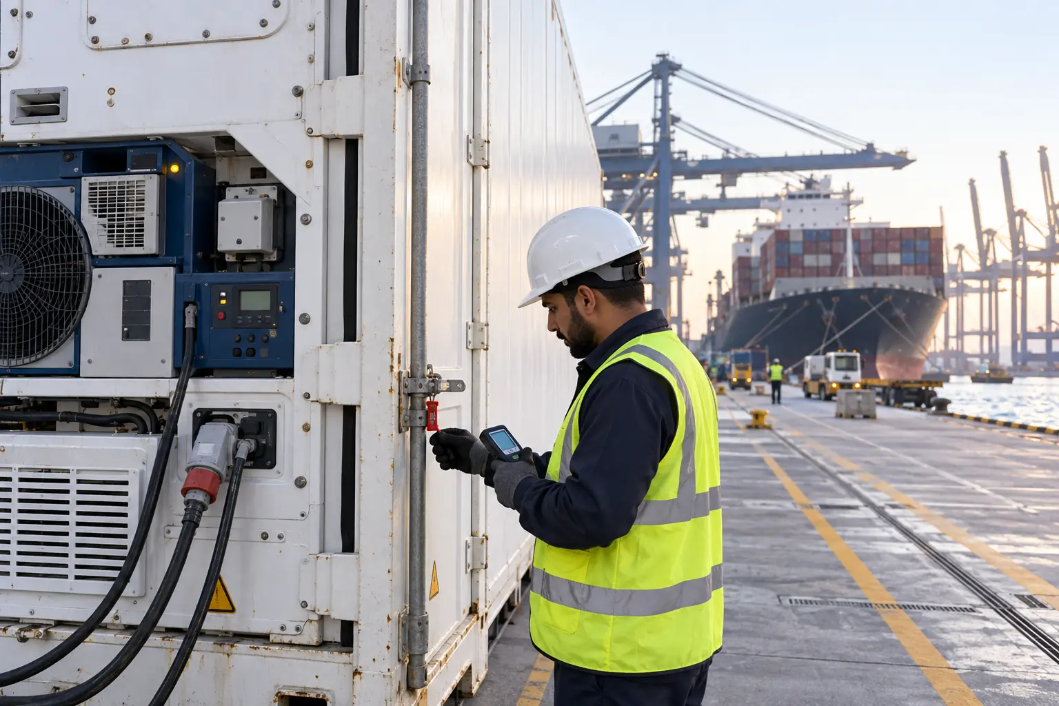Illustrative scene related to international sourcing, reefer-container logistics, cargo quality control and food distribution continuity.
