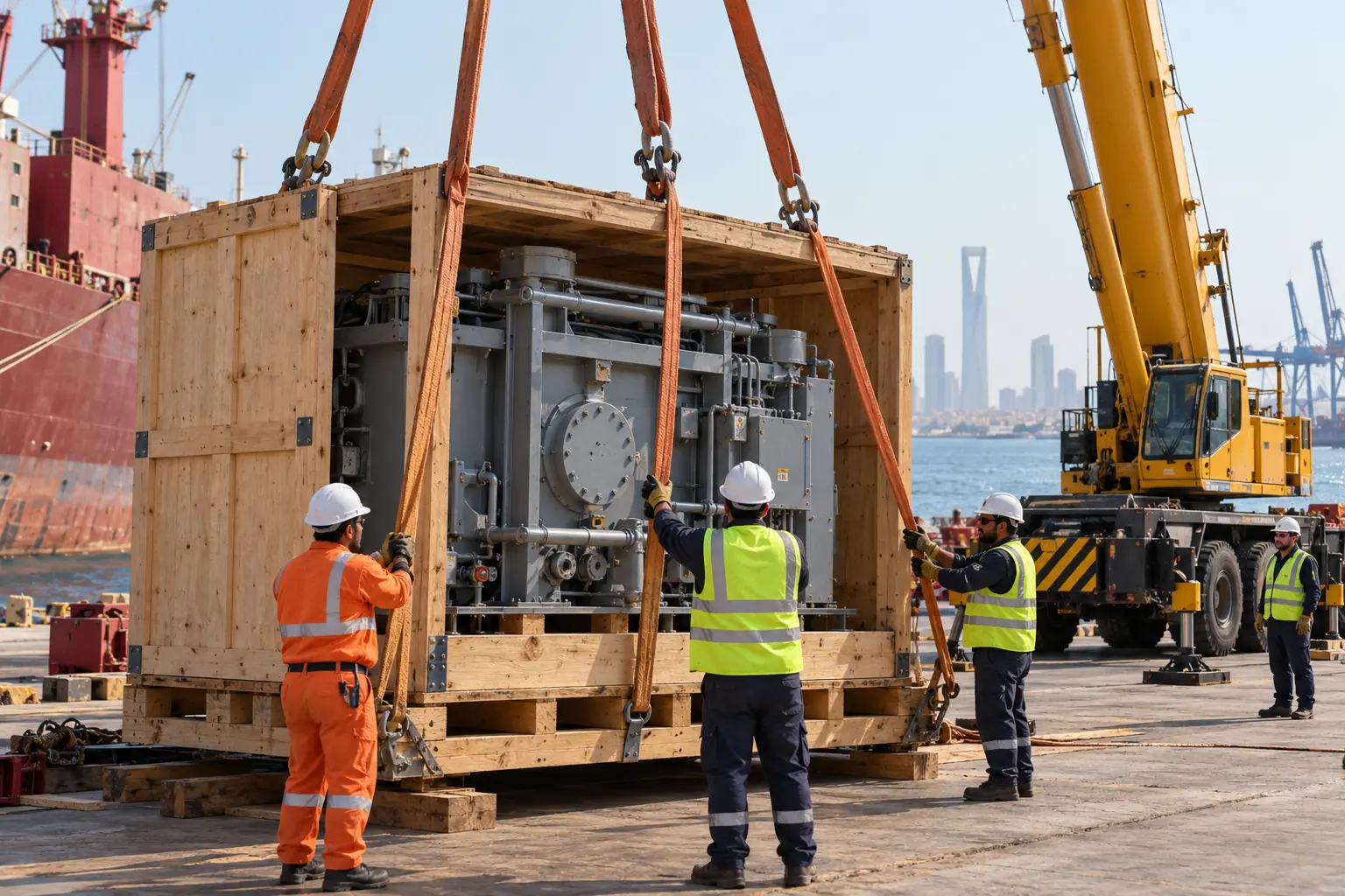 Illustrative scene related to project procurement, out-of-gauge cargo, port coordination and delivery-to-site planning.